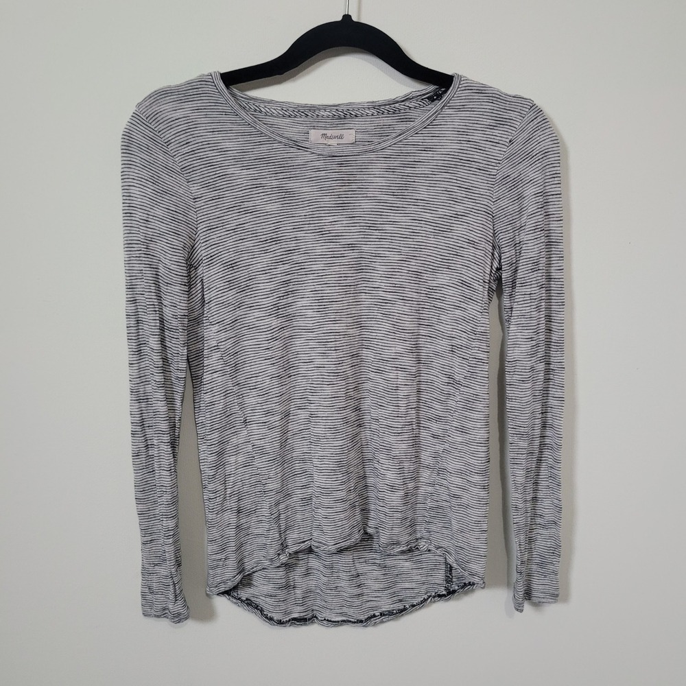 Madewell XS Striped Long Sleeve Tee Womens Black White Viscose High Low Hem